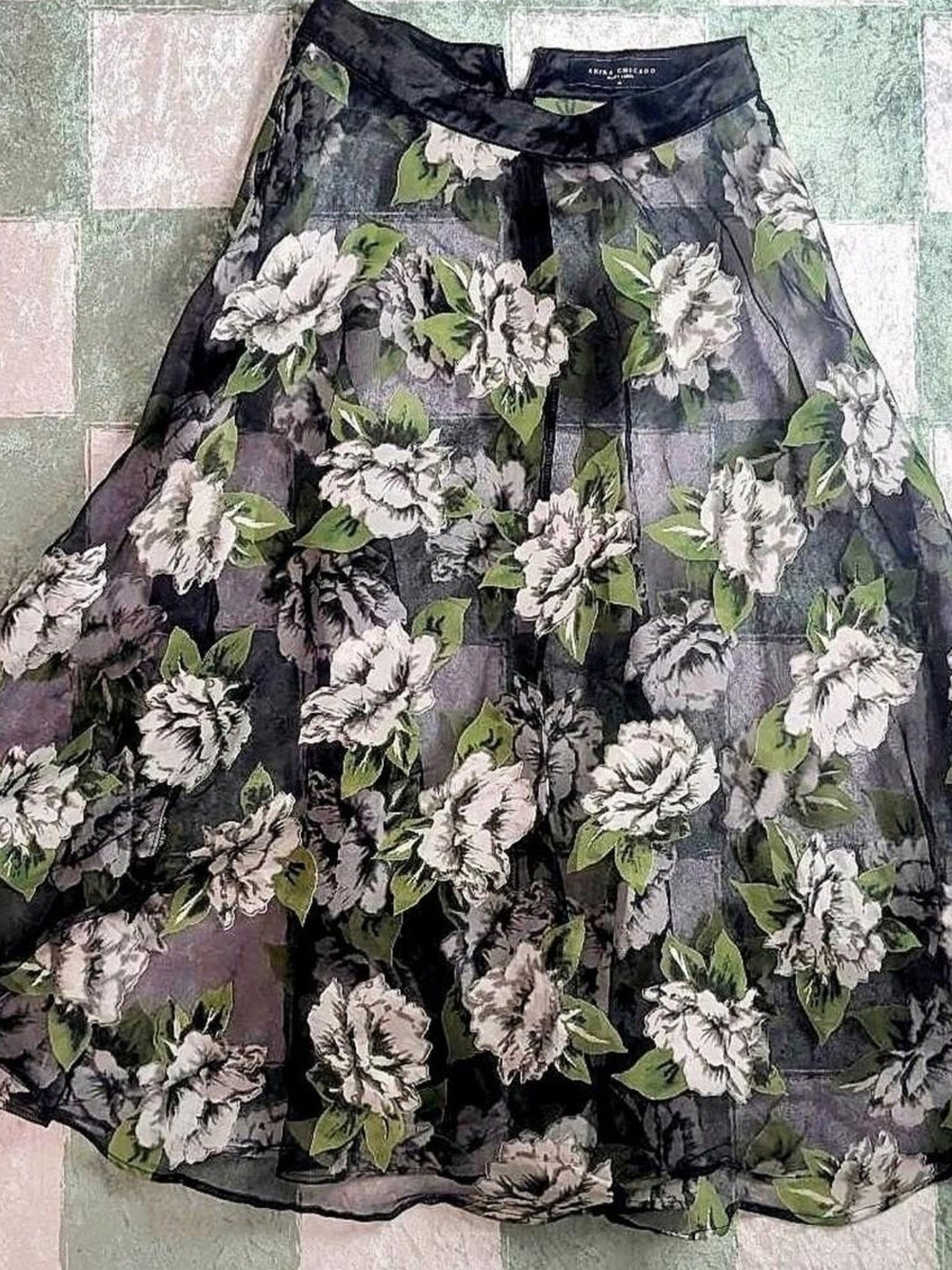 AKIRA Black Floral Circle Skirt with White Flowers & Green Leaves